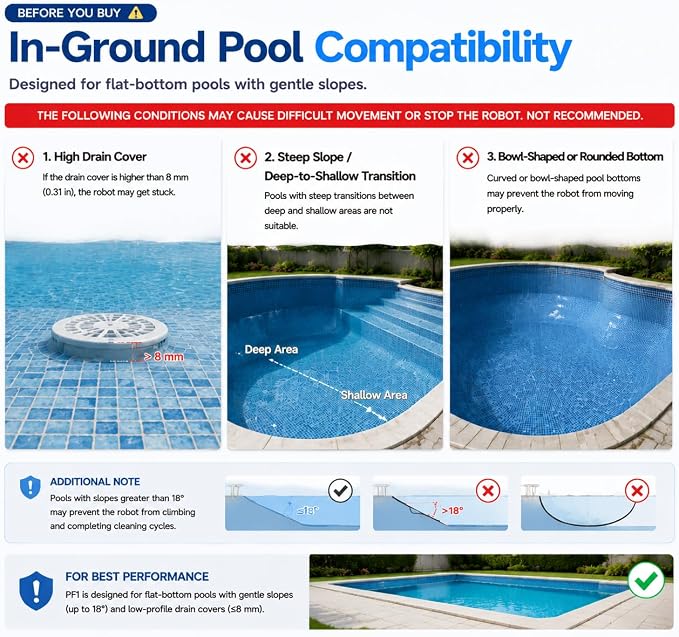 Pooloob PF1 Pro Pool Robot Vacuum with Floating Buoy & Tether, for Daily Clean Pool Maintenance Cleaner, Not for Initial or Deep Cleaning, Floor Only Cleaning for All Flat-Floor Above/In Ground Pools