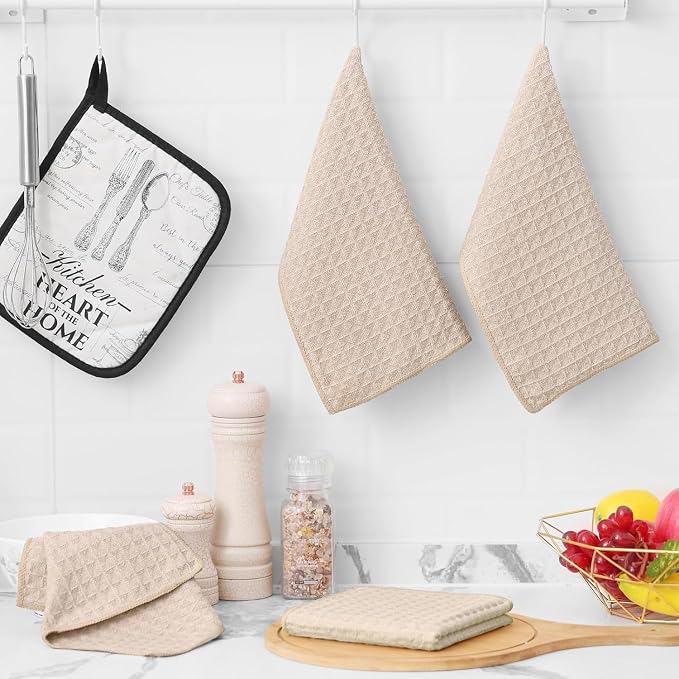 Homaxy Microfiber Waffle Weave Kitchen Towels Set, 16 x 28 Inch and 12 X 12 Inch Ultra Absorbent and Solid Color Dish Towels, 8 Pack, Beige/White/Pink/Grass Green