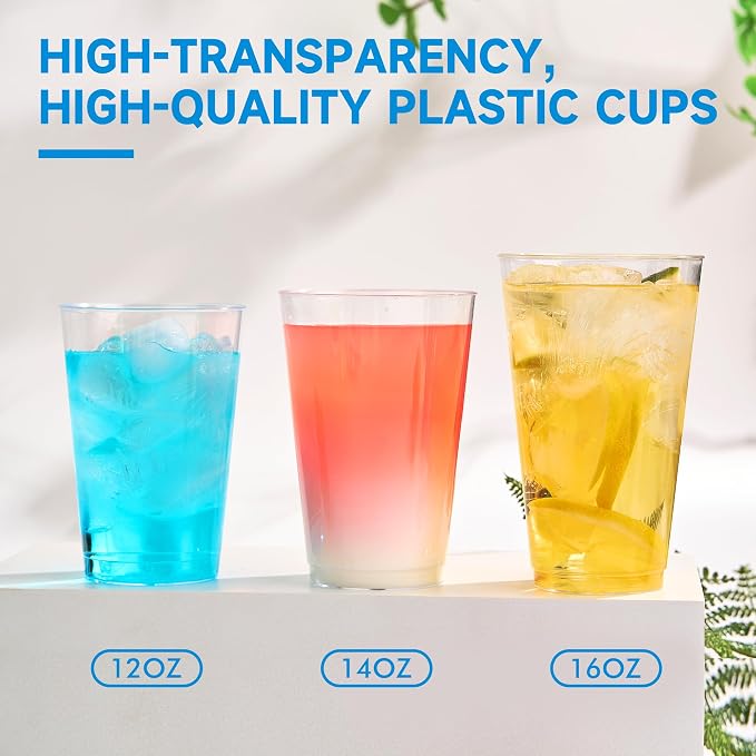 RACETOP 14 oz 100 Pack Disposable Plastic Cups, Disposable Clear Plastic Cups for Parties, Weddings, Gatherings, and Festival Events