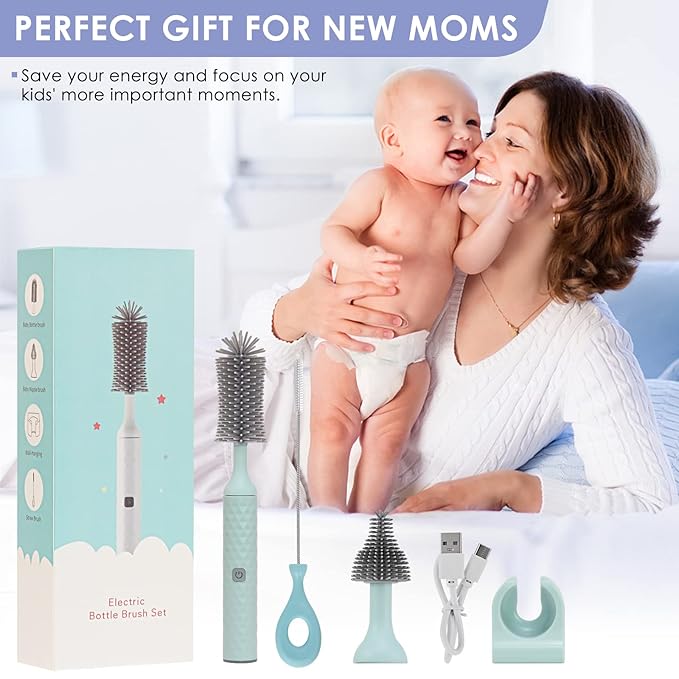 Electric Bottle Brush Set with Electric Silicone Baby Bottle Brush, Nipple Brush,Straw Cleaner Brush, Rechargeable&Waterproof Water Bottle Cleaner Brush, Perfect, Blue