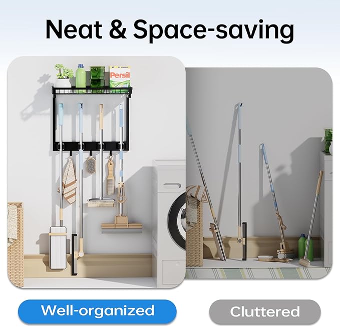 Broom Holder Wall Mount with Cleaning Supplies Organizer, Laundry Room Organization and Storage Shelves with Mop Hanger Rack Gripper Hooks, Home Improvement Kitchen Shelf Garage Organizer