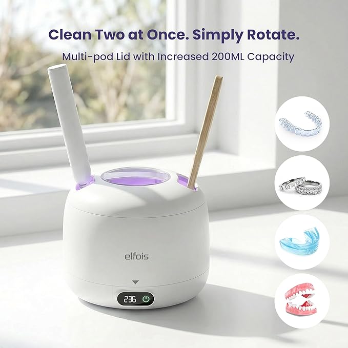 Premium Ultrasonic Retainer Cleaner Machine with UV — 45kHz Durable Dental Pod, 4 Cleaning Modes, Detachable Design for Invisalign, Aligners, Night Guards, Mouth Guards and Dentures