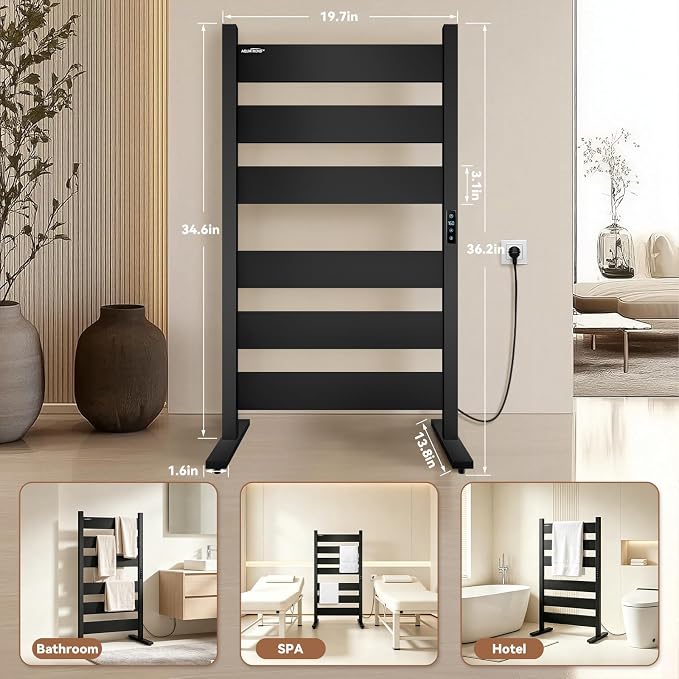 Towel Warmers for Bathroom, WiFi Freestanding & Wall Mounted Electric Heated Towel Rack, 6 Flat Bars, Aluminum, Timer & Temperature Control, Large Heating Surface, Black