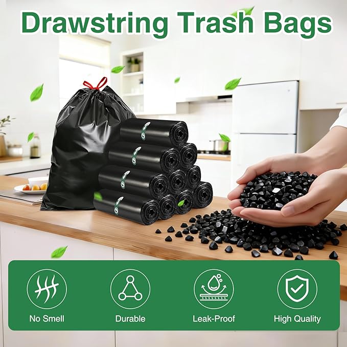 220 Counts 5 Gallon Trash Bag Drawstring Small Trash Bags, Thick Pre-separated Garbage Bags, Trash Bin Liners, Suitable for bathroom, kitchen, bedroom, office (Black)