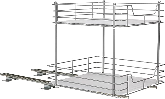 Household Essentials Glidez Steel Pull-Out/Slide-Out Storage Organizer with Plastic Liners for Under Cabinet or Wire Shelf Use - 2-Tier Design - Fits Standard Size Cabinet or Shelf, Brushed Silver