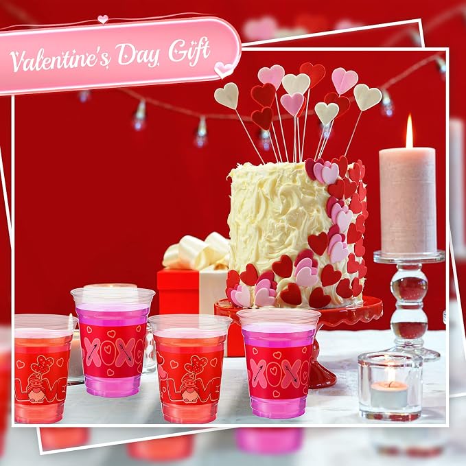 Meanplan 100 Pcs 12 oz Valentine Plastic Cups Bulk Valentine Drinking Cups Pink Heart Glasses Drinking Galentine Day Party Favor Supplies for Beverages Iced Juice Wedding Anniversary(Love Style)