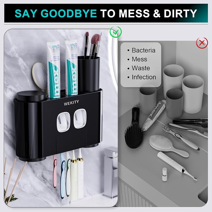 2 Toothbrush Holders Wall Mounted, Multi-Functional Toothbrush Holder,Toothpaste Dispenser for Bathroom with 5 Toothbrush Slots, 2 Toothpaste Squeezers and 4 Cups
