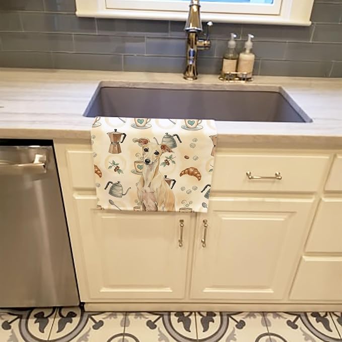 Caroline's Treasures Cream Italian Greyhound Coffee Bar Kitchen Towel Velour Plush Front and Cotton Loop Back Machine Washable