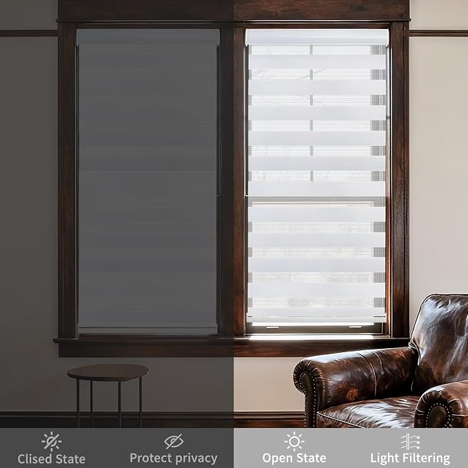 MYshade Cordless Zebra Blinds with Free-Stop Function - Dual Layer Light Filtering & Privacy Sheer Shades for Day and Night - Easy Install Window Shades for Home, Living Room, 33" W x 72" H,White