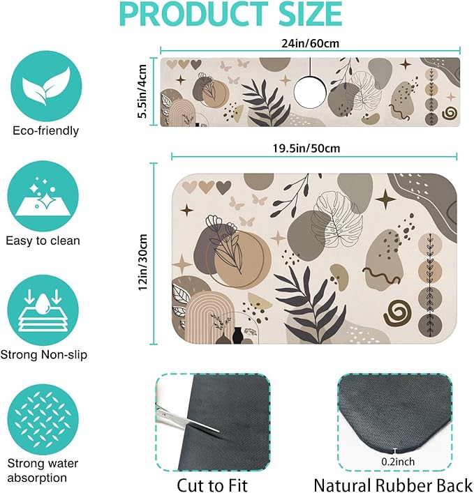 Dish Drying Mat for Kitchen Counter Matt, 2PCS 19"x12" Dish Drainer Mat & 24"x5.5" Sink Splash Guard, Super Absorbent Non-slip Rubber Backed