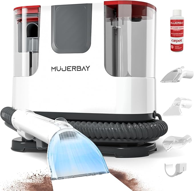 Upholstery Carpet Cleaner, MUJERBAY 12Kpa Portable Spot and Stain Cleaner, Easy Move with Universal Wheels & Handle, 1.19-inch Deep Cleaning Machine for Couch, Stairs, Car and Pet Messes.White