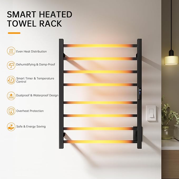Towel Warmer Rack, Heated Towel Racks for Bathroom, Wall Mounted Towel Warmer, Stainless Steel 8-Bars Drying Rack with Intelligent Touch Screen Timer, Matte Black