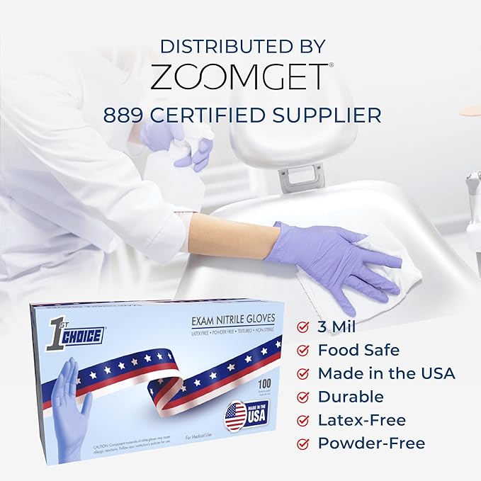 1st Choice 3 Mil Indigo Blue Nitrile Disposable Exam Gloves Made in USA, TAA Compliant Latex Free Medical Grade Cleaning S-XL
