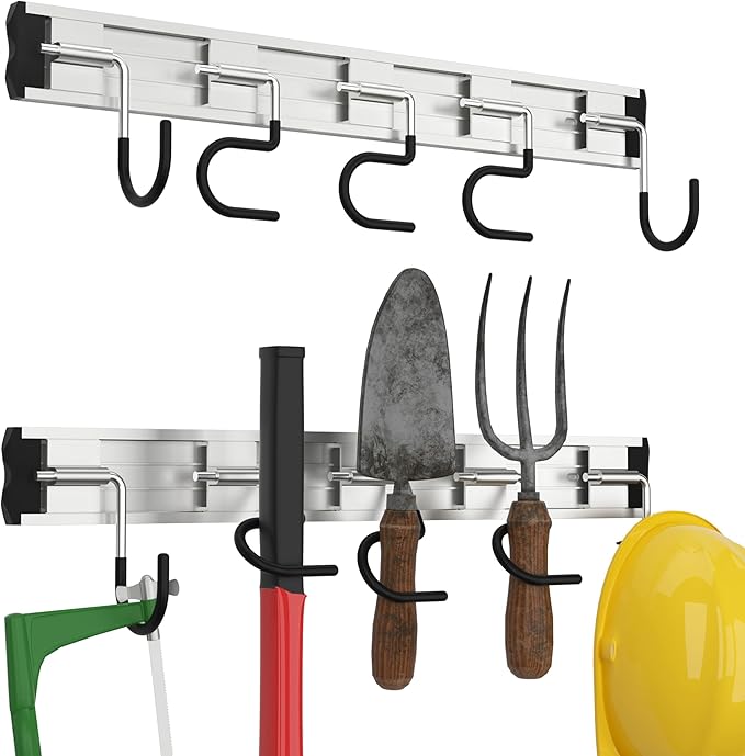 HUPBIPY 69'' Aluminum Alloy Garden Tool Organizer Wall Mount Garage Organizers and Storage with Hooks Tool Hangers for Shed Hooks for Shovel, Rake, Broom & More