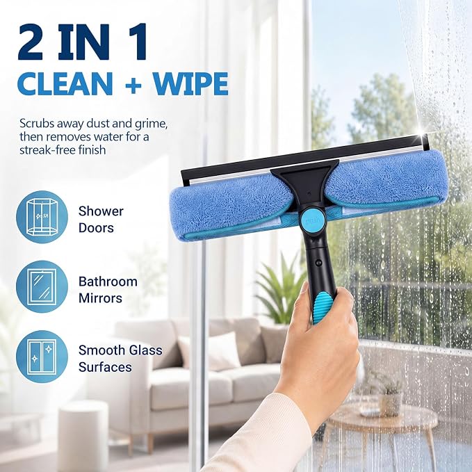 4 Pcs 11" Swivel Window Squeegee and Microfiber Scrubber 2 in 1 Cleaning Washer Cleaner Supplies for Windows, Shower Rooms, Car Windows, Without Extension Pole
