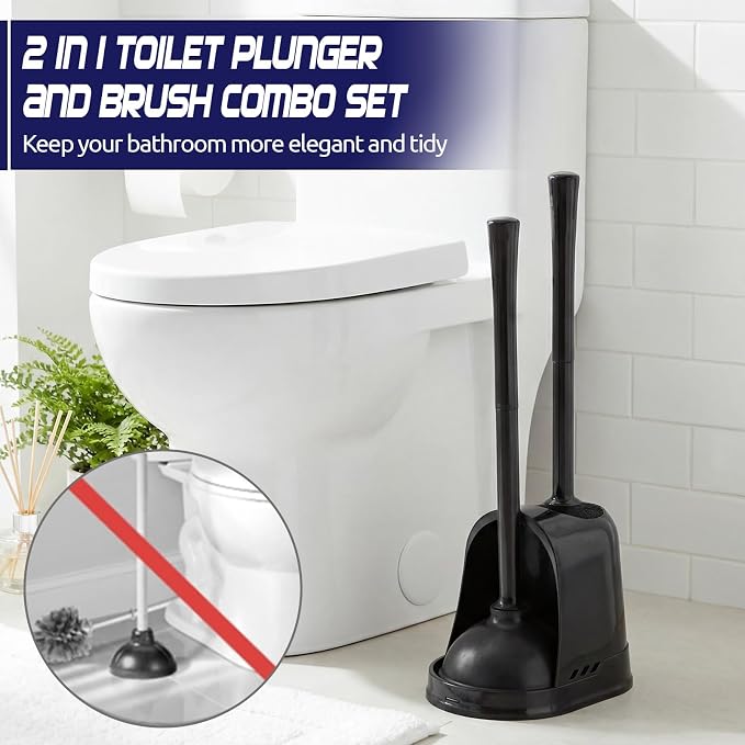 Reallnaive 4 Set Toilet Plunger and Brush Set with Ventilated Holder 2 in 1 Toilet Bowl Brush and Heavy Duty Plunger Combo Bathroom Cleaning Kit for Home and Commercial Bathrooms Drainage(Black)