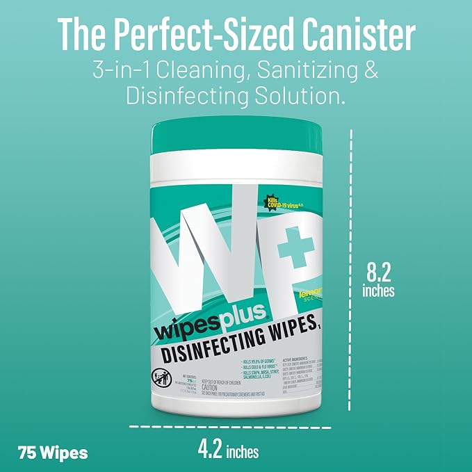 WIPESPLUS Disinfecting Surface Wipes Canister Bleach Free with Lemon Scent for Home and Business, 450 Count, (6 Packs of 75)