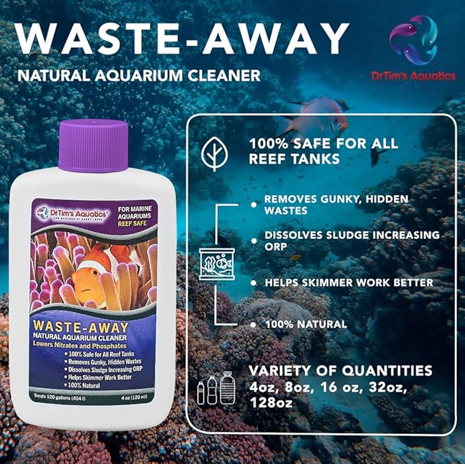 DrTim's Aquatics Reef Waste-Away Sludge Busting Bacteria – For Reef, Nano, Seahorse Aquaria, Fish Tanks, Aquariums – Unclogs, Cleans Gravel Beds, Removes Hidden Wastes – 100% Natural – 64 Oz.
