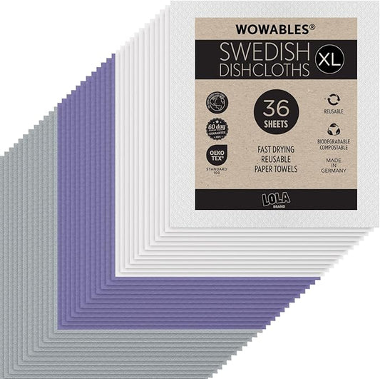LOLA Swedish Dishcloths for Kitchen XL, 36 3x12 Sheet Rolls, Biodegradable, Compostable, Reusable Paper Towel Cleaning Cloths, 11" x 10" No Odor Washing Dishes, Ultra Absorbent Cellulose Sponge Towel