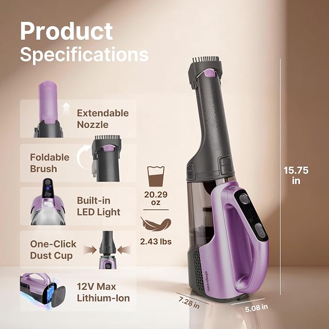 Shop-Vac S2 12V Handheld Vacuum Cordless, Rotatable Nozzle, Dual-Speed Powerful Portable Car Vacuum Rechargeable, Wall-Mounted Lightweight Hand Vacuum for Home & Car, LED, HEPA Filter, Purple