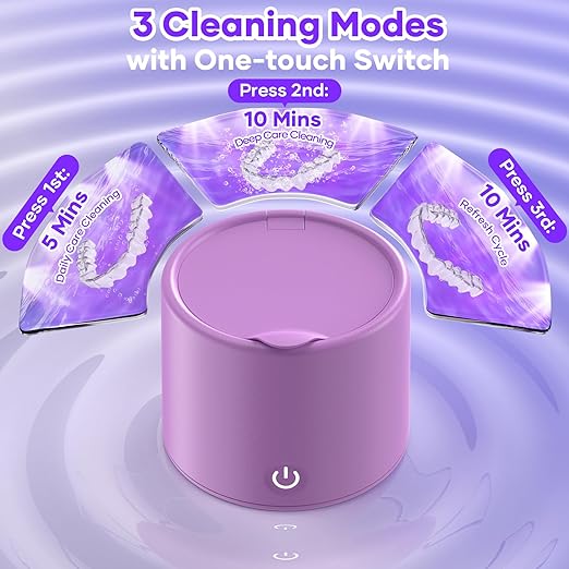 Ultrasonic Cleaner for Retainers & Aligners - 50kHz Dental Pod for Invisalign, Braces, Dentures, Night Guards, 200ml 3 Modes, Deep Clean for Fresh Retainers, Light Purple