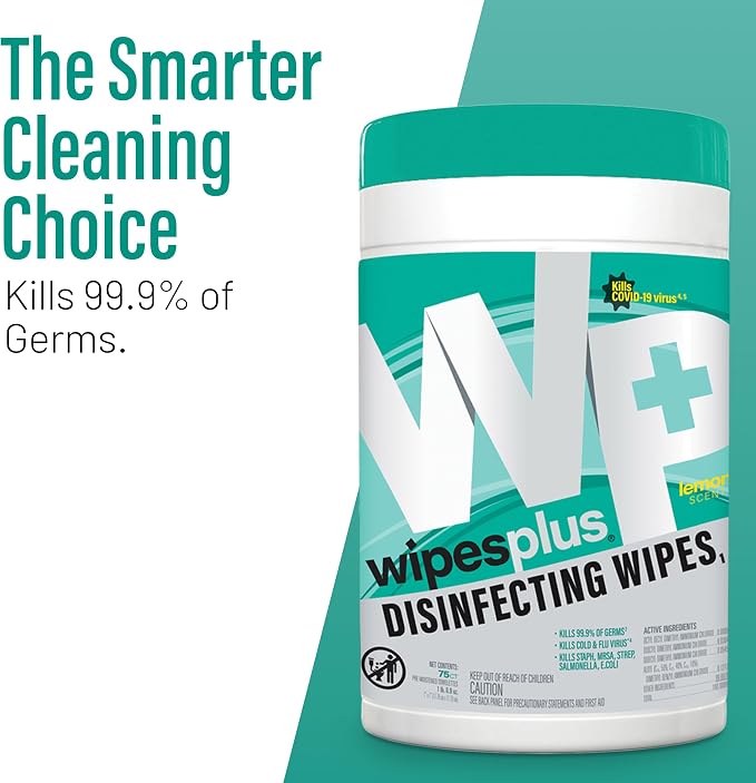 WIPESPLUS Disinfecting Surface Wipes Canister Bleach Free with Lemon Scent for Home and Business, 450 Count, (6 Packs of 75)
