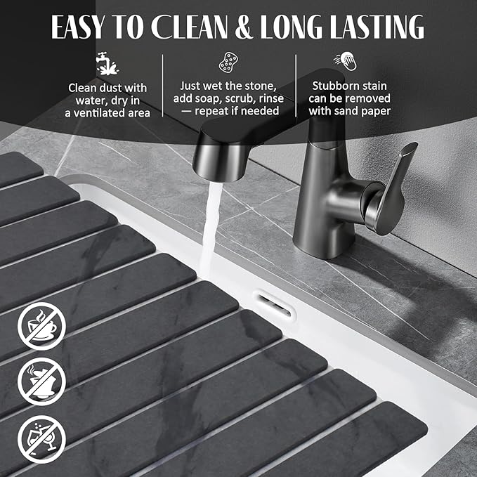 2 PCS Stone Dish Drying Mat for Kitchen Counter, 24"×16" Dark Gray, Fast Drying Collapsible Dish Drying Mat, Eco-Friendly Absorbent Diatomaceous Earth Mats for Match Countertop ( 24"×16" & 8"x4")