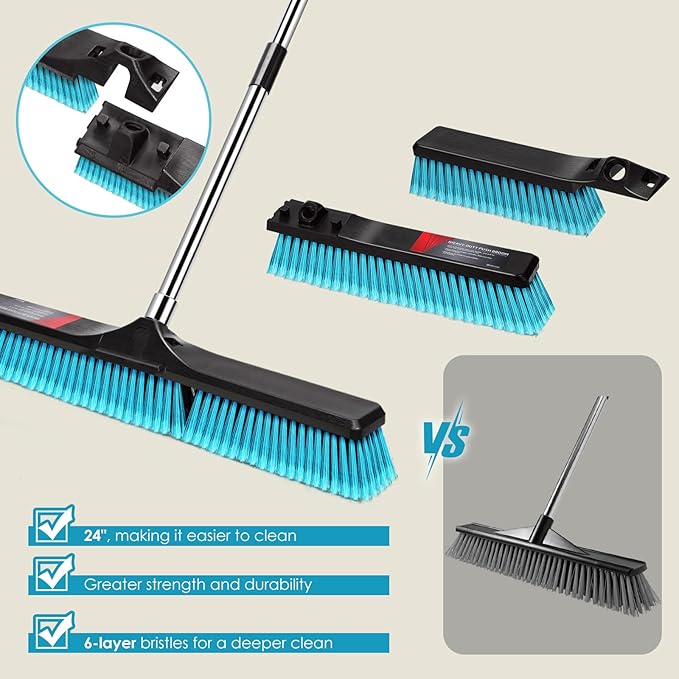 24" Push Broom Outdoor Heavy Duty, Commercial Push Broom for Cleaning with 55" Long Handle and Stiff Bristles, Large Shop Broom for Driveway Garage Yard Patio Warehouse Concrete Floor Cleaning