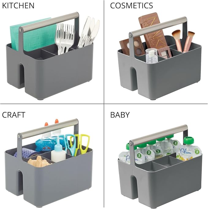 mDesign Plastic Shower Caddy Storage Organizer Utility Tote, Divided Basket Bin - Metal Handle for Bathroom, Dorm, Kitchen, Holds Soap, Shampoo, Conditioner - Aura Collection - Charcoal Gray/Satin