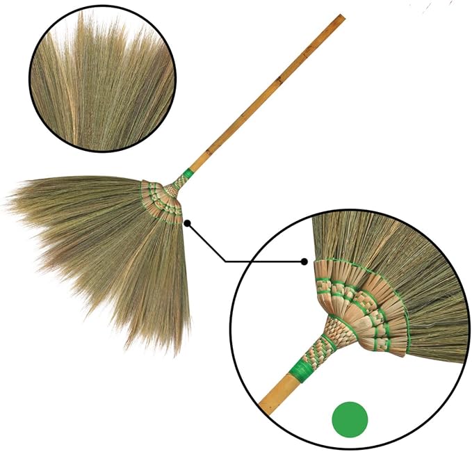 Asian Flower Grass Broom Witch Broom Bamboo Stick Handle Red or Green on Random