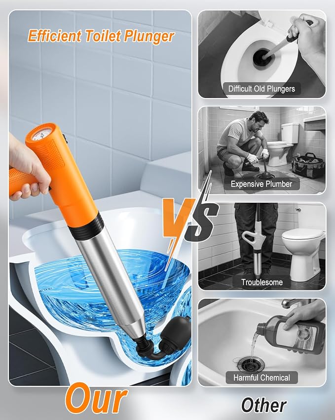 Ublue Electric Toilet Plunger, 4 in 1 High Pressure Toilet Unclogger with Multi-Purpose Heads & Automatic Inflation, Heavy Duty Drain Clog Remover for Bathroom, Washbasin and Floor Drain