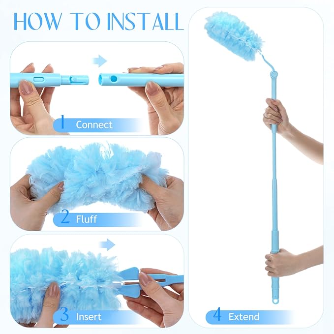 50 PCS Heavy Duty Duster Refills with Retractable Handle and Short Handle, Disposable Surface Duster Kit for Cleaning Dusting Furniture Blind Ceiling Fan (Blue)