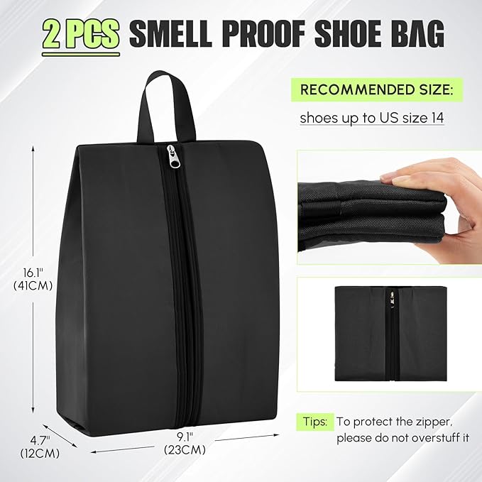 2 Pack Smell Proof Shoe Cleat Bag for Travel Water-resistant Odor Absorbing Lightweight Golf Soccer Shoe Storage Organizer Pouch with Zipper Dust-proof for Gym Sports Work(Black, Dark Grey)