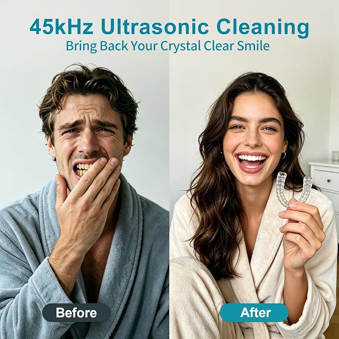Ultrasonic Retainer Cleaner Machine for Dentures, 350ml Denture Cleaner with Wide Opening Tank for Clear Aligners, Mouth Guards & Dental Appliances, Removes Stains & Buildup, 5 Cleaning Modes