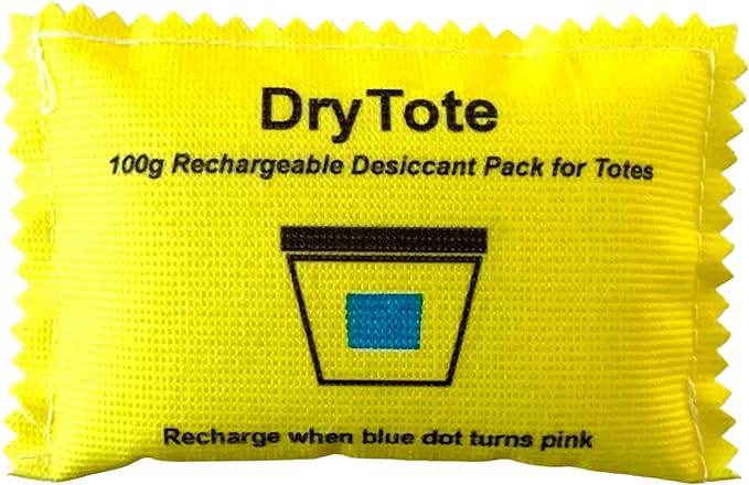 DryTote Rechargeable Desiccant Packs (50 Pack), Silica Gel Moisture Absorber for Storage Bins & Totes, Color-Change Indicator, 100g, Yellow