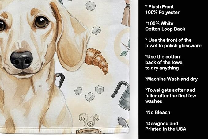 Caroline's Treasures Cream Dachshund Coffee Bar Kitchen Towel Velour Plush Front and Cotton Loop Back Machine Washable