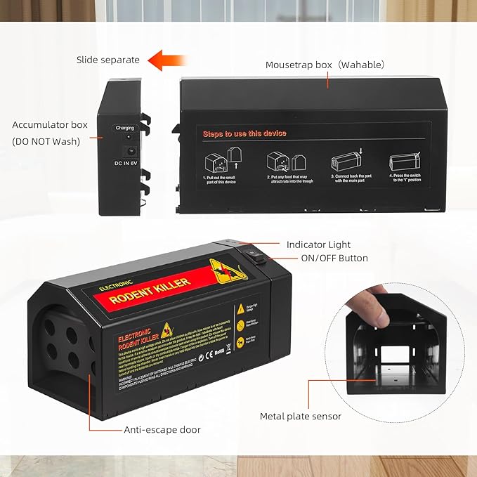 Electric Mouse Trap Zapper，Electronic Mice Traps,Rechargeable Rat Zapper, Continuous Electric Shock Rodent Control. Ideal for attics, garages, and Homes