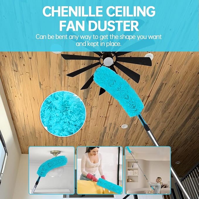 High Reach 3-8FT Extension Pole, Skylight Shades Operating Hook, High Ceiling Dusting and Window Cleaning Kit with Telescopic Pole, Window Washer & Squeegee, Cobweb Duster, Fan Duster, Feather Duster