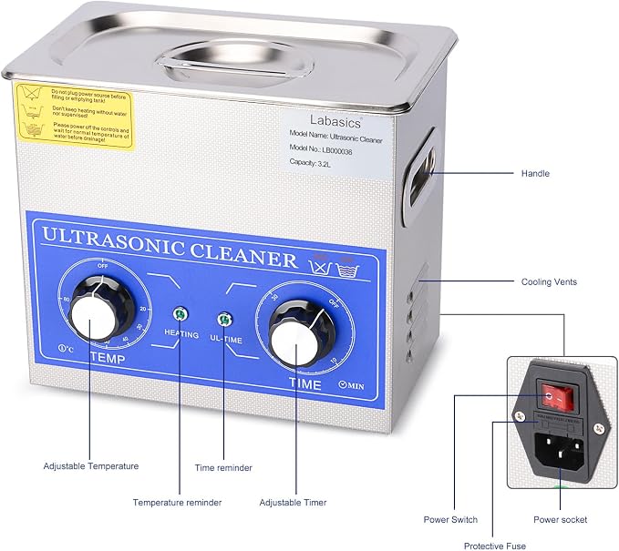 Labasics Ultrasonic Cleaning Machine, 304 Stainless Steel All-purpose Ultrasonic Washing Device with Mechanic Control Panel of Heating and Timer for Laboratory 40kHz 110V, 3.2L