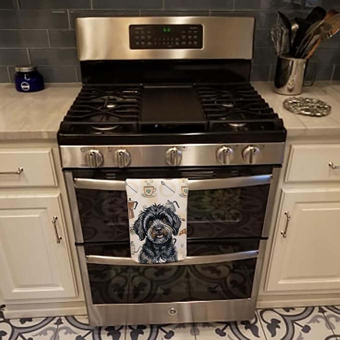 Caroline's Treasures Black Havanese Coffee Bar Kitchen Towel Velour Plush Front and Cotton Loop Back Machine Washable