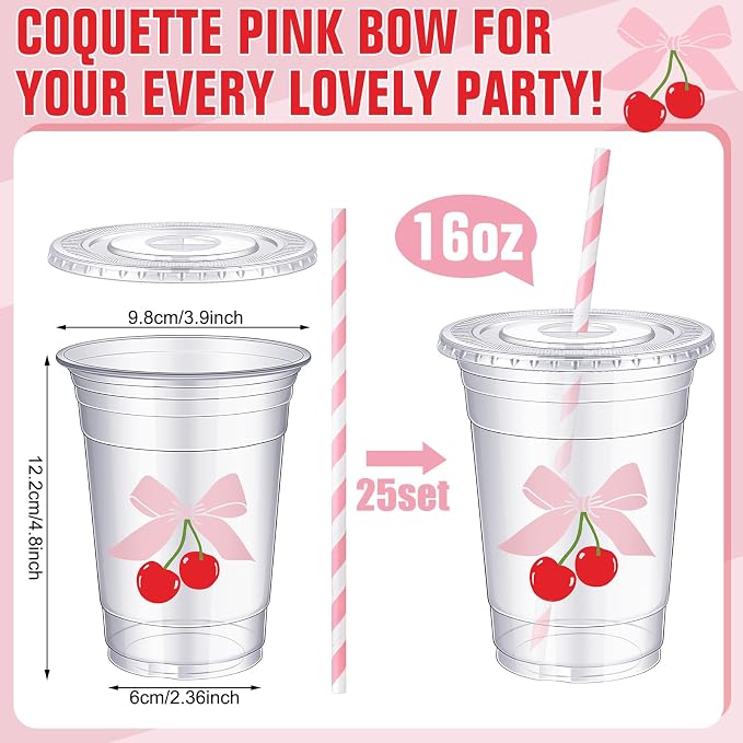 Sliner 25 Pcs 16 oz Coquette Disposable Plastic Cups with Straw for Party Supplies Bow Cups Birthday Wedding Bridal Engagement Party Drinkware Baby Shower Decoration (Cherry Bow)
