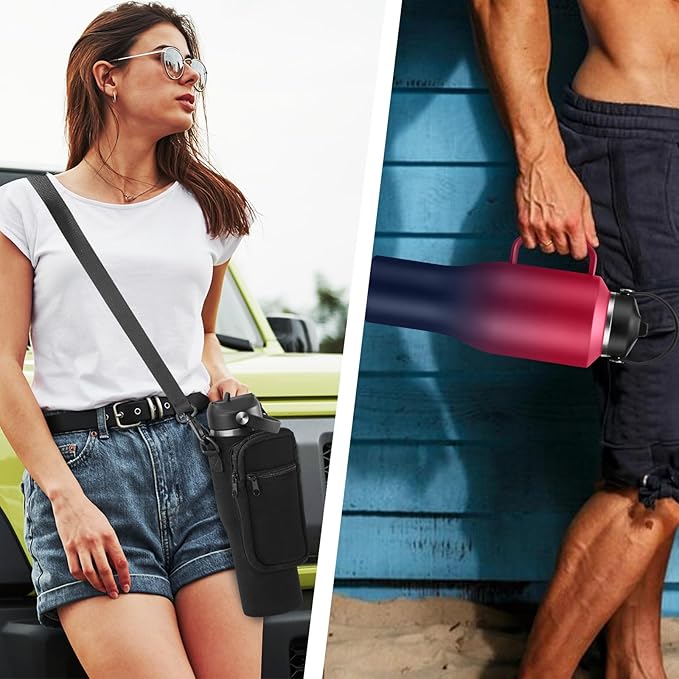 40 oz Tumbler with Handle, Insulated Water Bottle with Straw - Auto Spout Lid, Carrier Pouch, Purple Metal Thermal Hydro Travel Coffee Mug Flask for Car Cup Holder, Keep Cold 48H Hot 24H