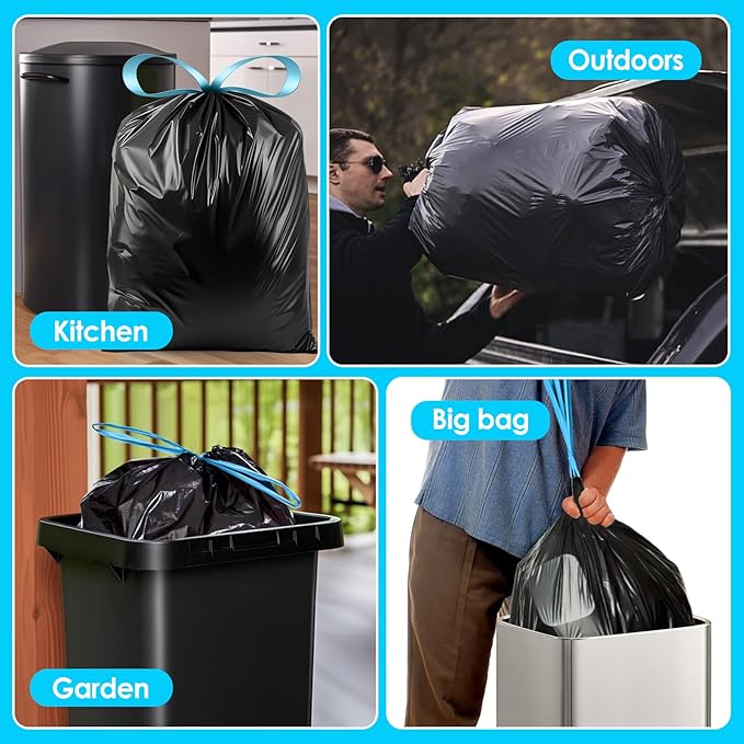 Teivio 23 Gallon Drawstring Trash Bags, 120 Counts, Fit 23 Gallon Rubbermaid Slim Jim Can & 22-25 Gal Tall Kitchen Trash Can，Large Plastic Waste Bin Liners for Home Office Daily Household Use, Black