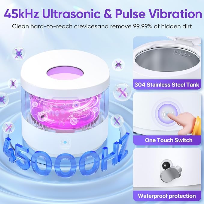 Ultrasonic Retainer Cleaner Machine, 45kHz Retainer Cleaner Machine for Denture Cleaner, 200ML Cleaner Ultrasonic Cleaner for Mouth Guard Cleaner,Night guard, Braces,Rings, Necklaces,White