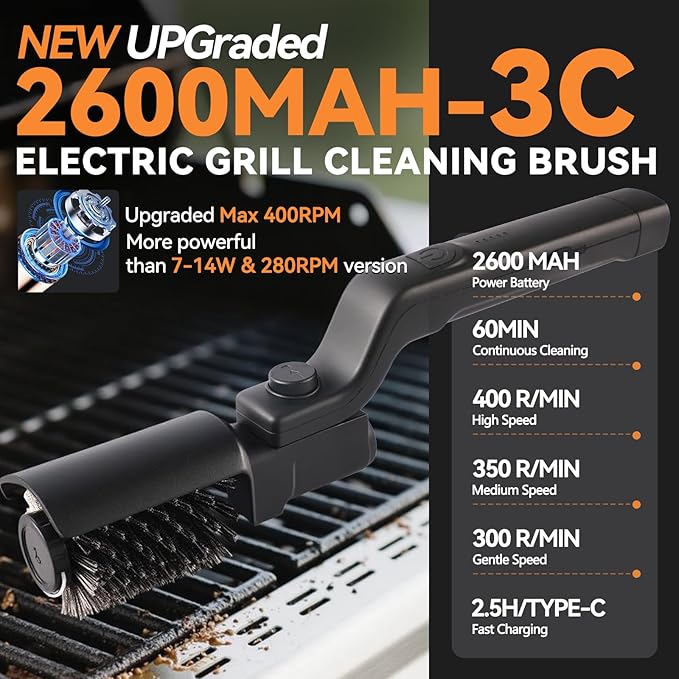 Electric Grill Cordless Cleaning Brush, Upgraded AS SEEN ON TV! BBQ Barbecue Scrubber, High Torque 25W Motor & MAX 400RPM, Dual Heads & Splash Guard