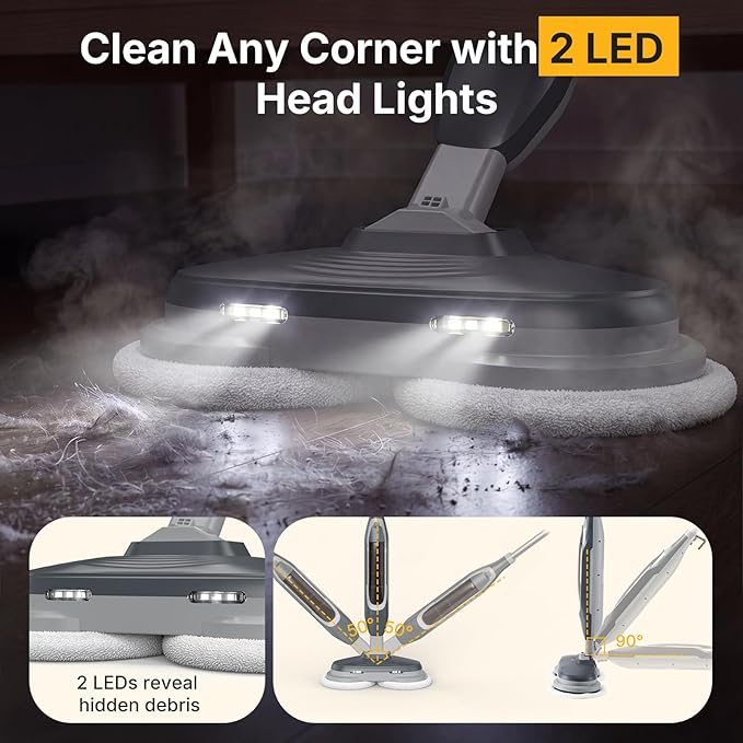 NEWBULIG Steam Mop, All-in-One Steam Mops for Floor Cleaning with Rapid Re-heat, Self-Standing Floor Steamer, 4 Rotating Scrub Pads, 2 LED Headlights, for Hardwood Floors & Tile