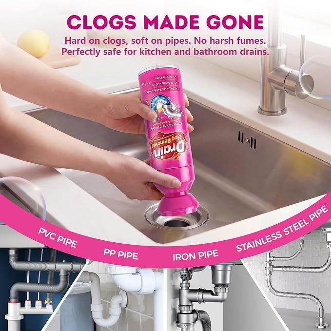 Foaming Drain Cleaner, Drain Clog Remover, Sink Hair Cleaner and Deodorizer, Pipe-Safe Foam Cleaner for Kitchen Sinks Bathroom Drains Showers Tubs, Fast Odor Control, Easy Foam Care (2Pcs)