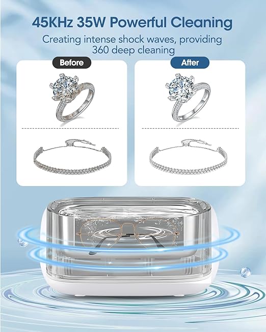 Adiding Jewelry Cleaning Machine, 650mL (23oz) Ring Sonic Cleaner Machine for Glasses, Earring, Denture, Retainer, Watch Straps, Razor -5 Cleaning Modes, Digital Timer, SUS304 Stainless Steel