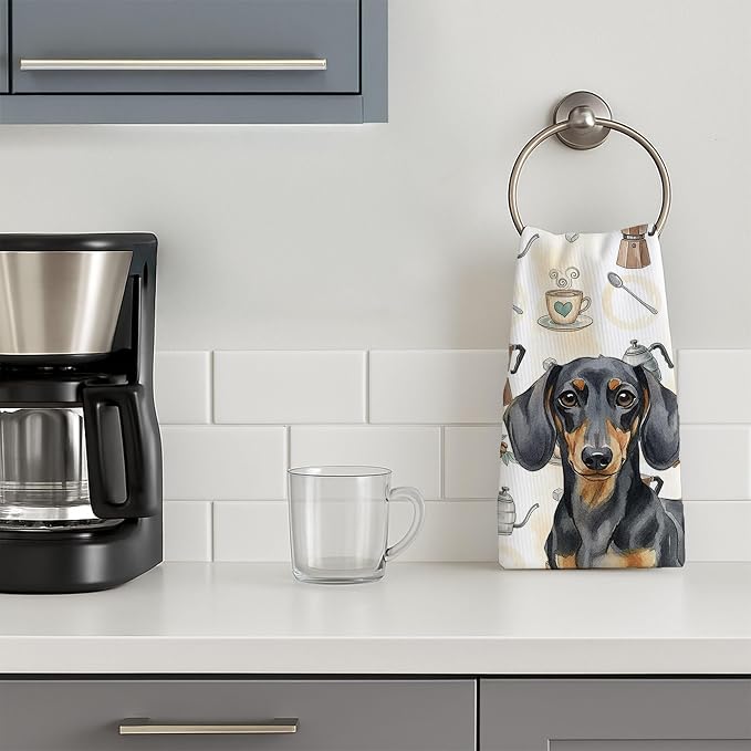 Caroline's Treasures Black and Tan Dachshund Coffee Bar Kitchen Towel Velour Plush Front and Cotton Loop Back Machine Washable