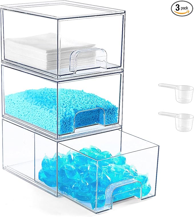 Laundry Pods Container and Laundry Detergent Powder Container Set, Dishwasher Pods Holder Set, Dryer Sheet Holder, Laundry Room Organization and Storage for Booster Beads, 3 PACK